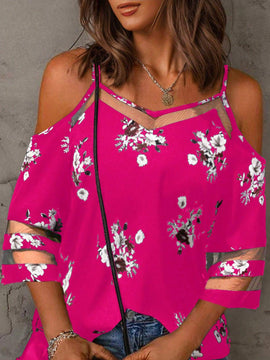 EMERY ROSE Patron floral aleatorio - Camisa casual para mujer con hombros descubiertos y mangas cortas con tiras finas empalmadas de malla para verano