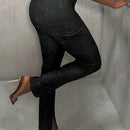 Slayr Pantalones de mujer oscuros de verano casuales de trabajo de calle tridimensionales con cintura en V y bolsillos de tela pit strip lavado con arena ajustados, modelo T-H