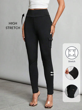 Tall Pantalones negros ajustados elasticos con cintura alta, bolsillos con solapa y pantalones ajustados laterales.