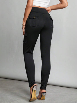 Tall Pantalones negros ajustados elasticos con cintura alta, bolsillos con solapa y pantalones ajustados laterales.