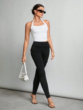 Tall Pantalones negros ajustados elasticos con cintura alta, bolsillos con solapa y pantalones ajustados laterales.