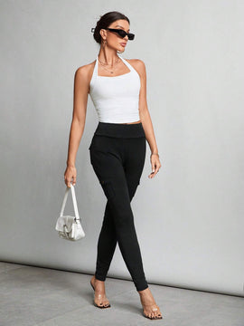 Tall Pantalones negros ajustados elasticos con cintura alta, bolsillos con solapa y pantalones ajustados laterales.