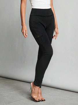 Tall Pantalones negros ajustados elasticos con cintura alta, bolsillos con solapa y pantalones ajustados laterales.
