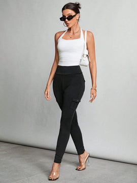 Tall Pantalones negros ajustados elasticos con cintura alta, bolsillos con solapa y pantalones ajustados laterales.