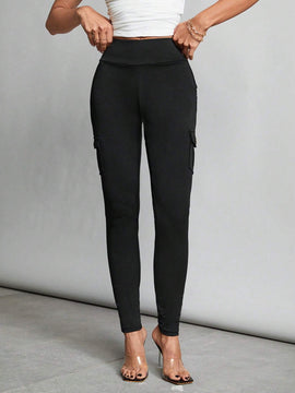Tall Pantalones negros ajustados elasticos con cintura alta, bolsillos con solapa y pantalones ajustados laterales.