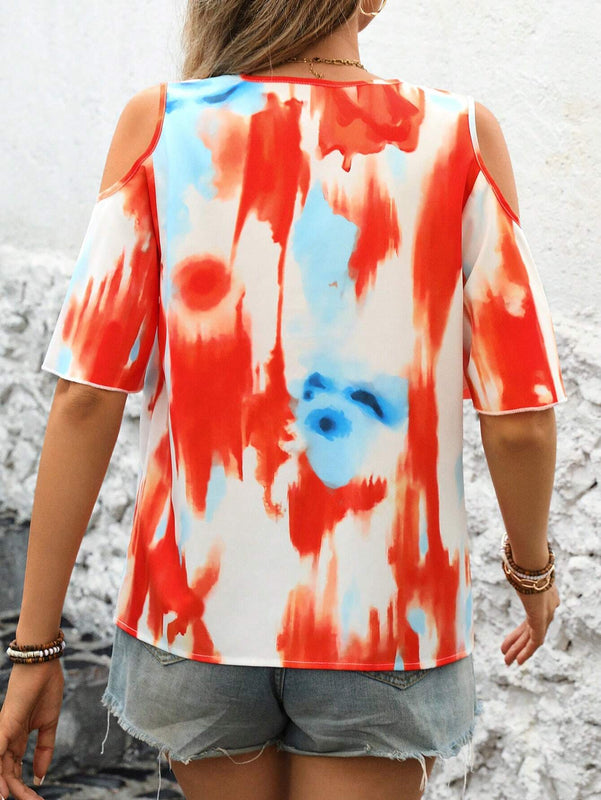 Camisa casual de verano con cremallera, estampado de tie-dye y detalle de huecos