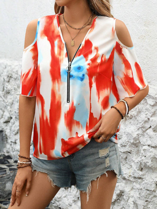 Camisa casual de verano con cremallera, estampado de tie-dye y detalle de huecos