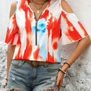 Camisa casual de verano con cremallera, estampado de tie-dye y detalle de huecos