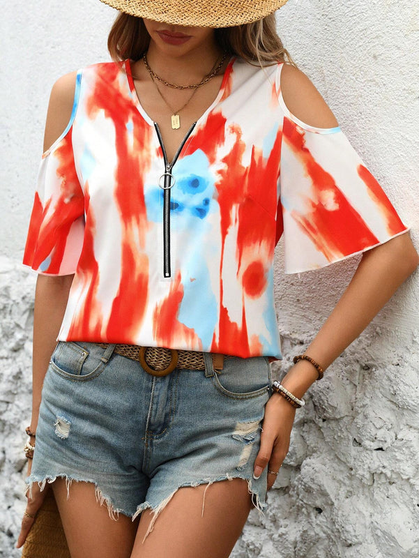 Camisa casual de verano con cremallera, estampado de tie-dye y detalle de huecos