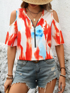 Camisa casual de verano con cremallera, estampado de tie-dye y detalle de huecos