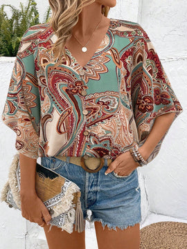 Blusa casual de manga murcielago con estampado paisley para vacaciones