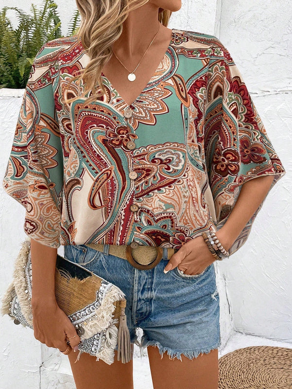 Blusa casual de manga murcielago con estampado paisley para vacaciones