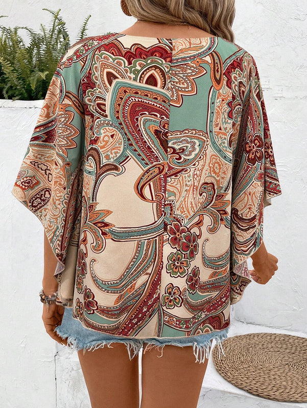 Blusa casual de manga murcielago con estampado paisley para vacaciones