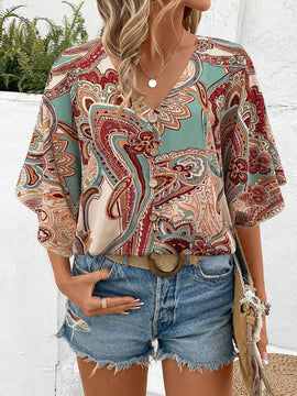 Blusa casual de manga murcielago con estampado paisley para vacaciones