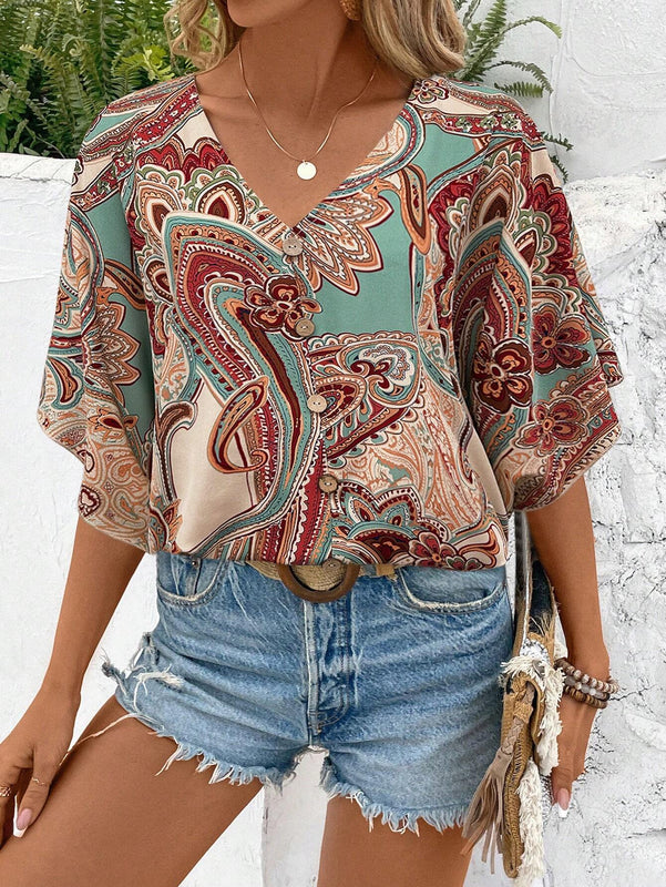 Blusa casual de manga murcielago con estampado paisley para vacaciones