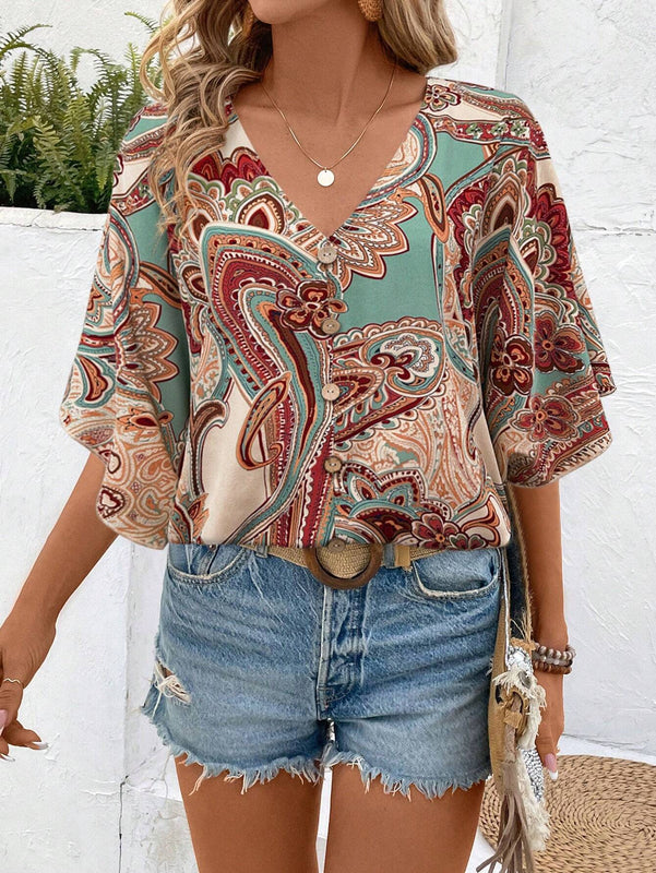 Blusa casual de manga murcielago con estampado paisley para vacaciones