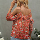 Blusa de mujer con estampado de volantes y manga corta con dobladillo de volantes