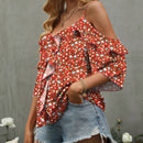 Blusa de mujer con estampado de volantes y manga corta con dobladillo de volantes