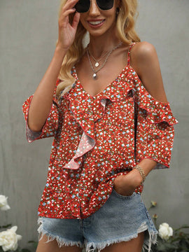 Blusa de mujer con estampado de volantes y manga corta con dobladillo de volantes