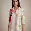 Camisa floral de moda para mujeres, estilo maduro con flores grandes, cuello de solapa y mangas de siete cuartos