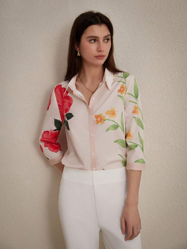 Camisa floral de moda para mujeres, estilo maduro con flores grandes, cuello de solapa y mangas de siete cuartos