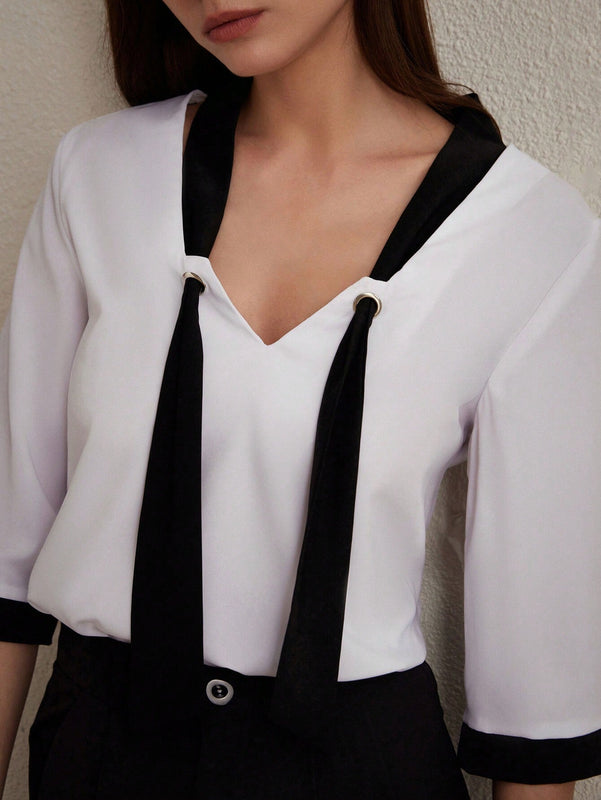 Camisa casual para mujer con bloque de color, cinturon y mangas medias para ocasiones de trabajo, ensenanza y formales