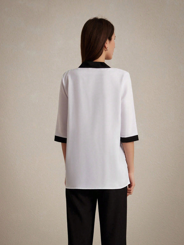 Camisa casual para mujer con bloque de color, cinturon y mangas medias para ocasiones de trabajo, ensenanza y formales