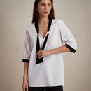 Camisa casual para mujer con bloque de color, cinturon y mangas medias para ocasiones de trabajo, ensenanza y formales