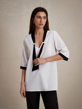 Camisa casual para mujer con bloque de color, cinturon y mangas medias para ocasiones de trabajo, ensenanza y formales