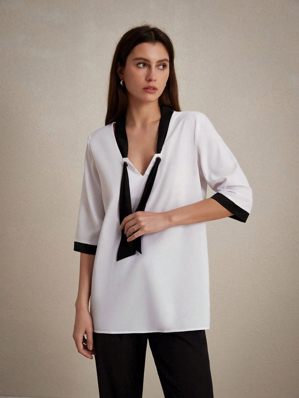 Camisa casual para mujer con bloque de color, cinturon y mangas medias para ocasiones de trabajo, ensenanza y formales