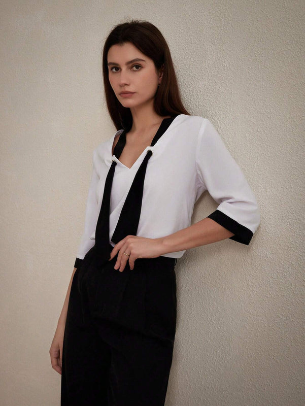 Camisa casual para mujer con bloque de color, cinturon y mangas medias para ocasiones de trabajo, ensenanza y formales