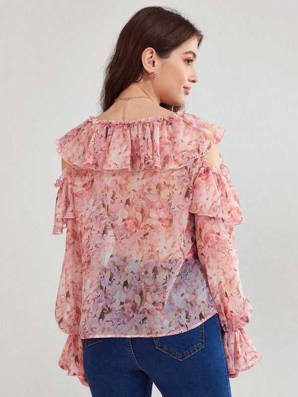 Enchnt Camisa con estampado floral completo y dobladillo con volantes