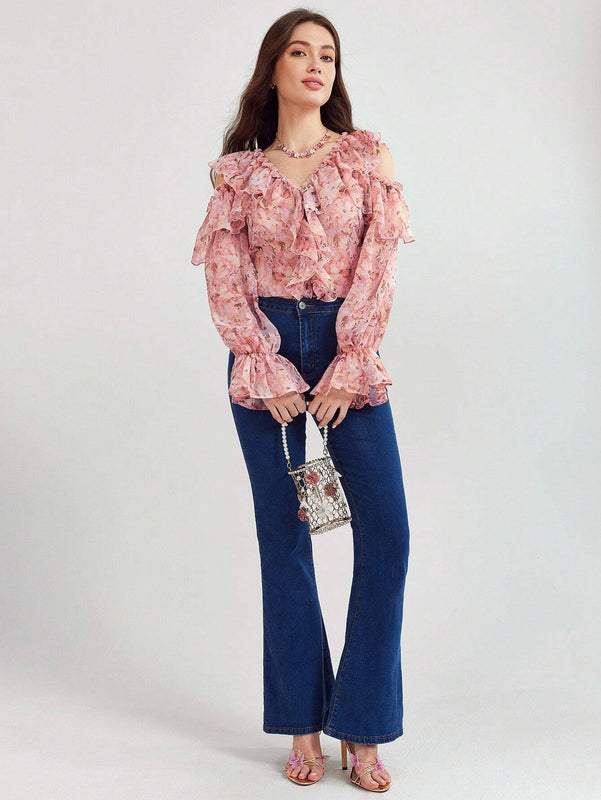 Enchnt Camisa con estampado floral completo y dobladillo con volantes