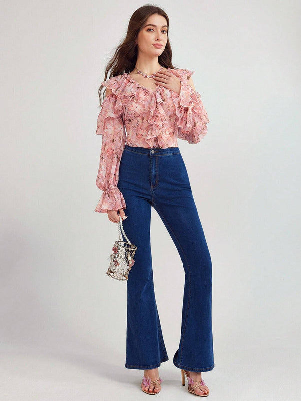 Enchnt Camisa con estampado floral completo y dobladillo con volantes