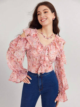 Enchnt Camisa con estampado floral completo y dobladillo con volantes