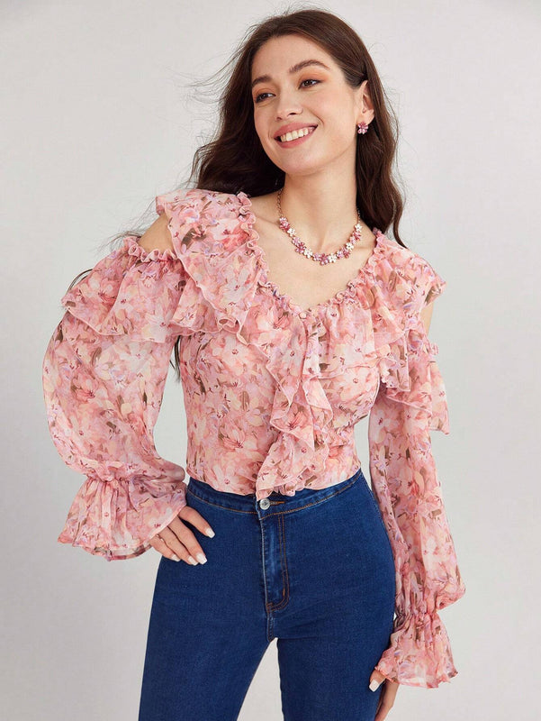 Enchnt Camisa con estampado floral completo y dobladillo con volantes