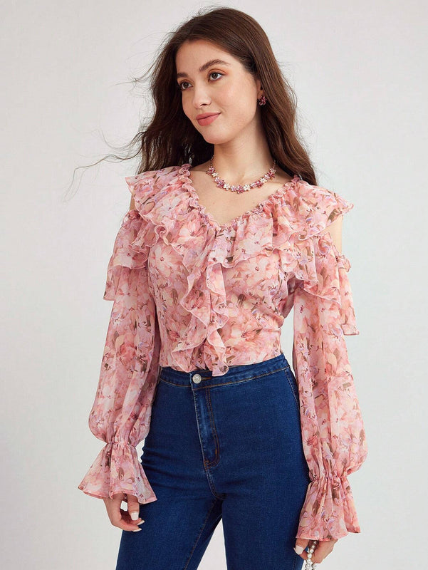 Enchnt Camisa con estampado floral completo y dobladillo con volantes