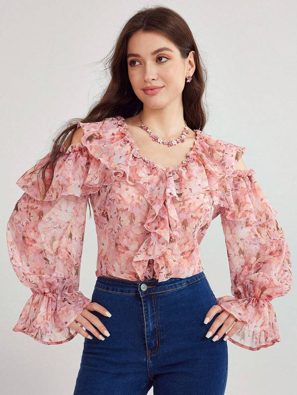 Enchnt Camisa con estampado floral completo y dobladillo con volantes