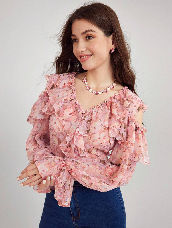 Enchnt Camisa con estampado floral completo y dobladillo con volantes