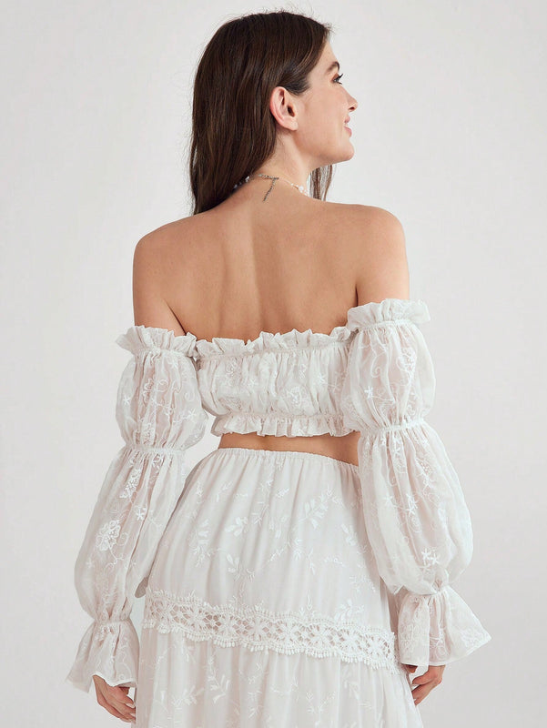 Enchnt Blusa corta de hombros descubiertos y manga acampanada con elegante bordado floral para mujer en verano