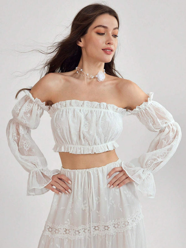 Enchnt Blusa corta de hombros descubiertos y manga acampanada con elegante bordado floral para mujer en verano