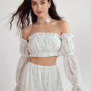 Enchnt Blusa corta de hombros descubiertos y manga acampanada con elegante bordado floral para mujer en verano