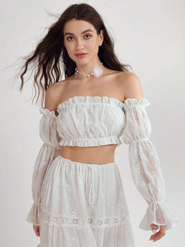 Enchnt Blusa corta de hombros descubiertos y manga acampanada con elegante bordado floral para mujer en verano