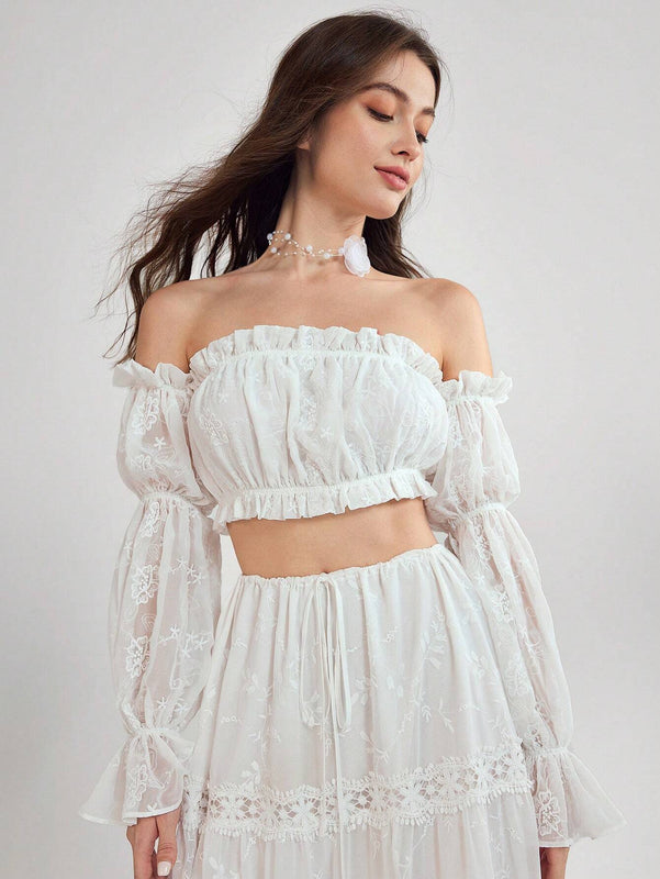 Enchnt Blusa corta de hombros descubiertos y manga acampanada con elegante bordado floral para mujer en verano
