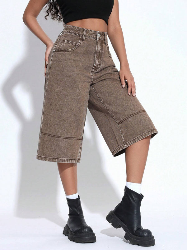 EZwear Jeans anchos de pierna corta y corte suelto para mujer con bolsillos