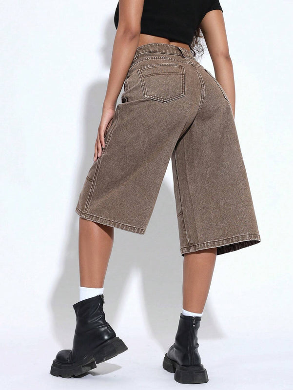 EZwear Jeans anchos de pierna corta y corte suelto para mujer con bolsillos