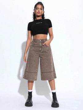 EZwear Jeans anchos de pierna corta y corte suelto para mujer con bolsillos