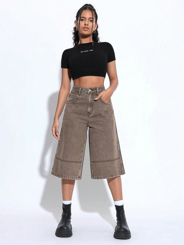 EZwear Jeans anchos de pierna corta y corte suelto para mujer con bolsillos