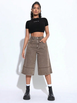 EZwear Jeans anchos de pierna corta y corte suelto para mujer con bolsillos