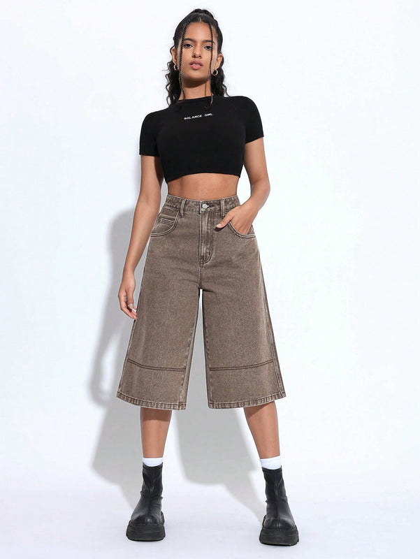 EZwear Jeans anchos de pierna corta y corte suelto para mujer con bolsillos